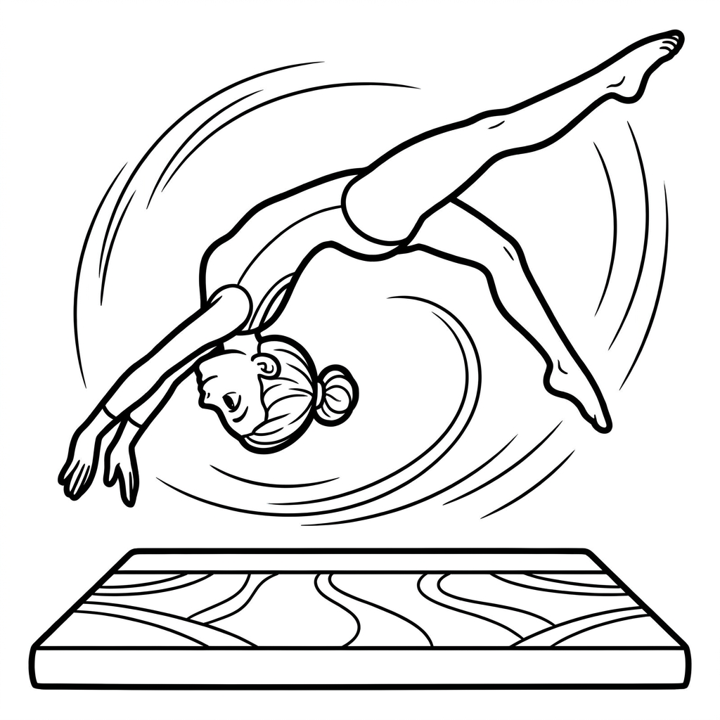 Free gymnastics coloring page showing a gymnast doing a backflip in the air above a gymnastics mat.